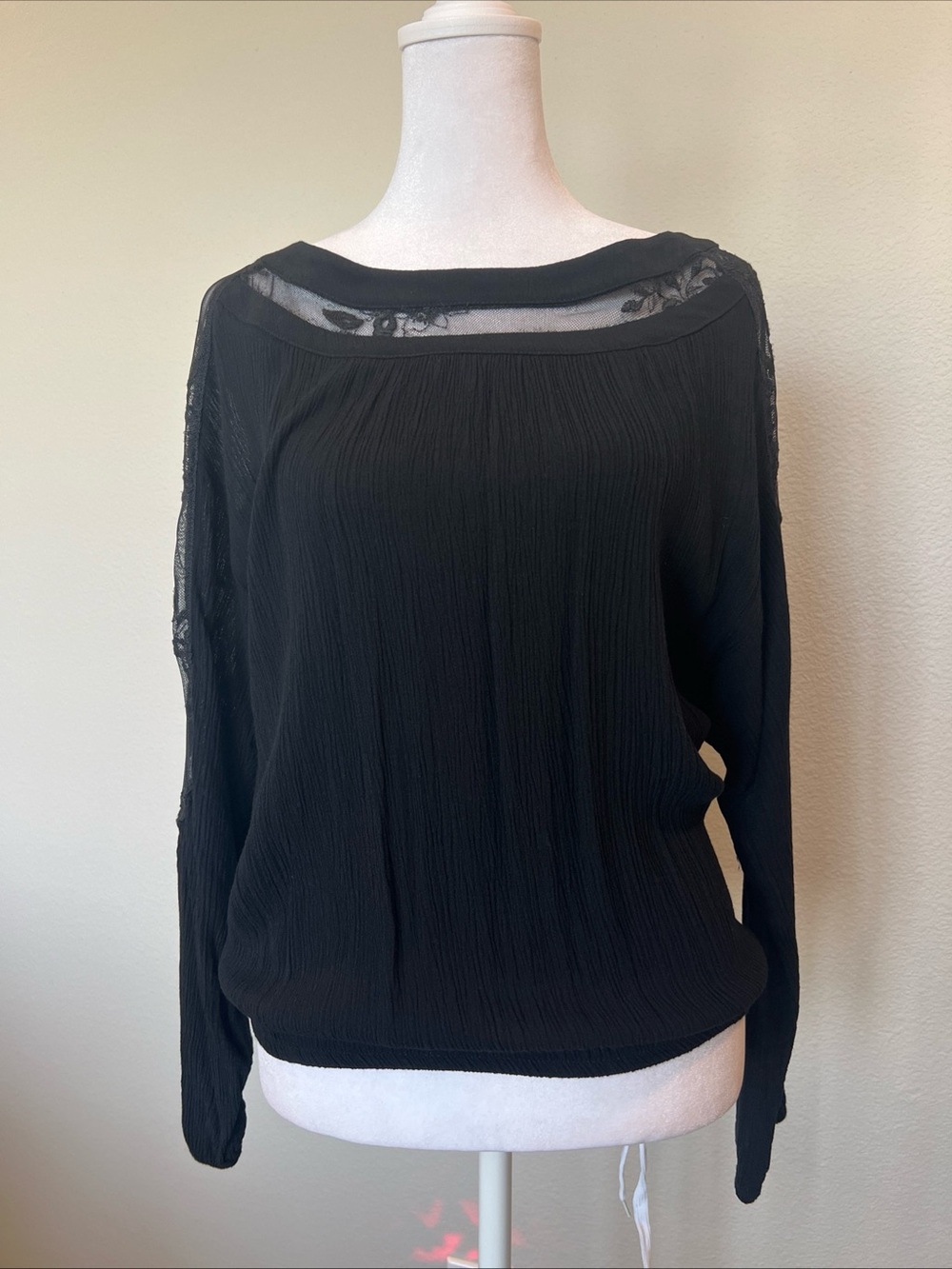 Ash & Violet Black Long Sleeve Lace Panel Peasant Blouse Size Small